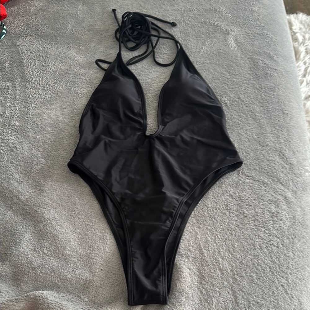 Women’s Black Deep V Low back One-Piece Swimsuit